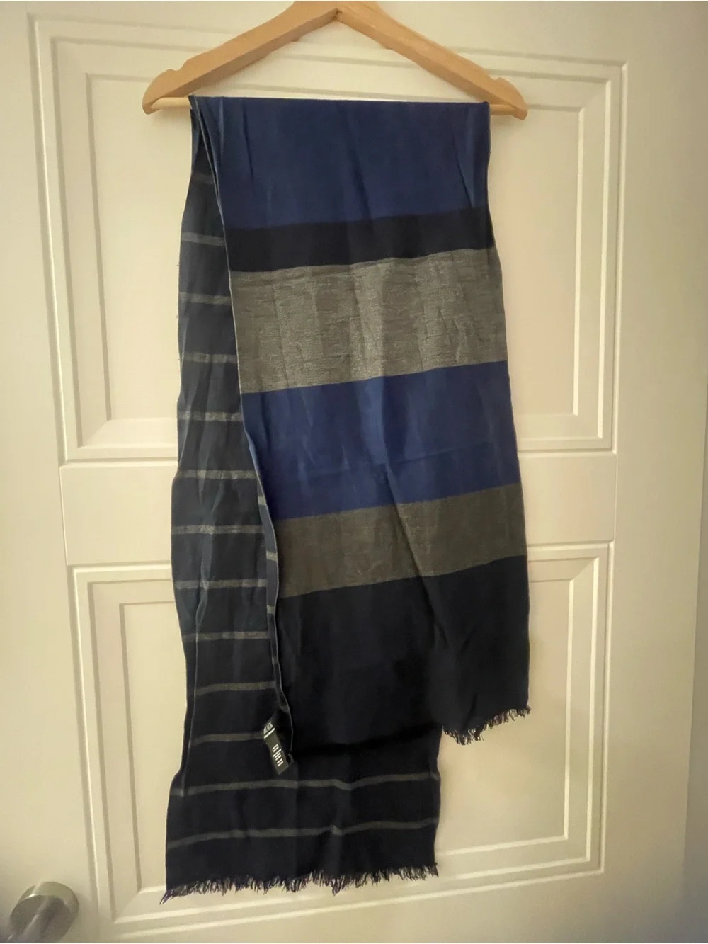 BLACK Saks Fifth Avenue 100% Silk Scarf Navy Grey Striped Frayed Edge